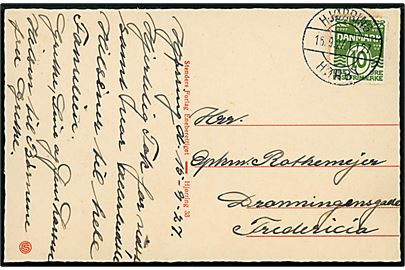 10 øre Bølgelinie på brevkort fra Hjørring annulleret med tydeligt bureaustempel Hjørring - Hørby T.127 d. 16.9.1927 til Fredericia. Sjældent stempel.