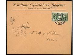 5 øre Fr. VIII i parstykke på firmakuvert fra Nordfyns Cykelfabrik i Bogense annulleret med sjældent bureaustempel Brænderup - Bogense T.19 d. 6.7.1912 til Assens. 