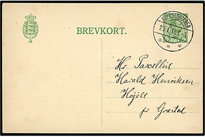 5 øre Chr. X helsagsbrevkort fra Paarup annulleret med bureaustempel Gribskovbanen T.5 d. 29.1.1918 til Højelt pr. Græsted. 