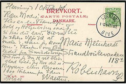 5 øre Chr. X på brevkort fra Herning annulleret med sjældent bureaustempel Herning - Give T.1182 d. 1.10.1914 til København. Tydeligt aftryk.