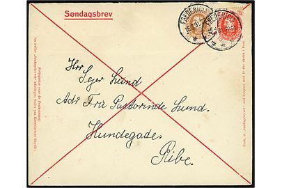 10 øre og 15 øre Chr. X 60 år på fortrykt Søndagsbrev kuvert fra Fredericia d. 15.3.1931 til Ribe. På bagsiden fortrykt liste over postkontorer hvorfra der udbringes søndagsbreve. Vandret fold. 
