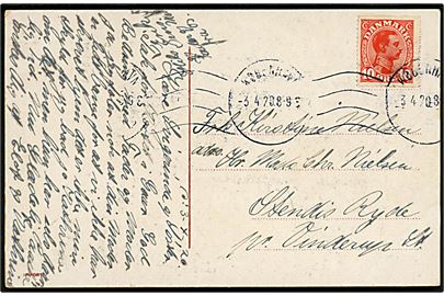 10 øre Chr. X med tydelig automatafskæring på brevkort fra Kjøbenhavn d. 3.4.1920 til Ryde pr. Vinderup. Attest Jørgensen.