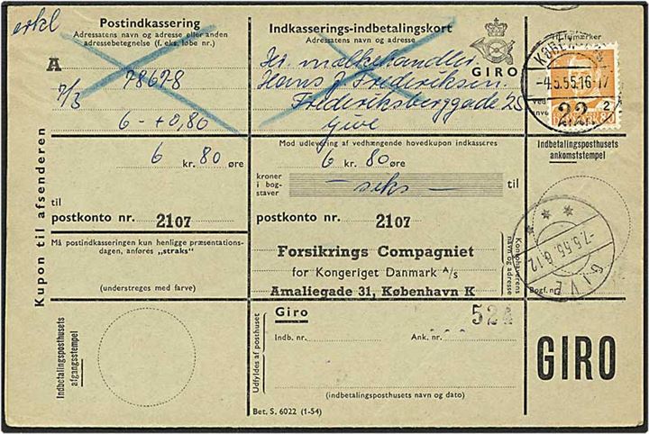 80 øre orange Fr. IX på indbetalingskort fra København d. 4.5.1955 til Give.