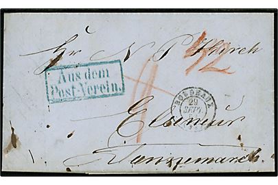 1851. Portobrev med blåt rammestempel “Aus dem Post-Verein.” fra Bordeaux d. 29.9.1851 via Hamburg Th.&T. og K.D.O.P.A. Hamburg d. 3.10.1851 til Helsingør, Danmark. Daka: 4500,-