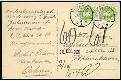 5 øre Chr. X i lodret par med tydelig automatafskring på brevkort (Stige færgen) annulleret Odense *1.* d. 18.12.1931 til København. 