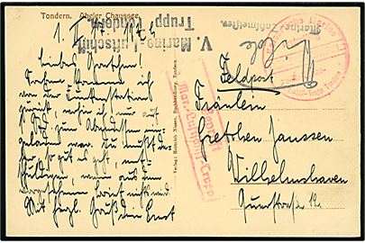 Feltpostkort dateret d. 1.2.1917 med flere stempler - bl.a. “Kaiserlische Marine/Postprüffung/V. Marine-/Luftschiff Trupp Tondern” og censurstempel til Wilhelmshaven. 