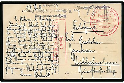 Feltpostkort dateret d. 18.12.1916 m. flere stempler bl.a. “Kaiserlische Marine/Postprüffung/V. Marine-/Luftschiff Trupp Tondern” og censurstempel til Wilhelmshaven. 