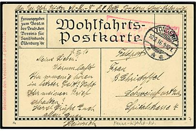 Feltpostkort fra Tondern d. 10.3.1916 til Schweinfurt. Sendt fra soldat ved 8,8 Batt. (Luftabwehr kanonbatteri). Rødt censurstempel: “Geprüft / Mar. - Luftschiff-Det.” .