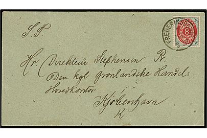 8 øre Tofarvet på brev fra Frederiksborg d. 7.1.1890 til Direktør Stephensen, Ridder af Dannebrog, Den kgl. grønlandske Handels Hovedkontor, Kjøbenhavn K. Hannes Peter Stephensen direktør for KGH 1889-1902.