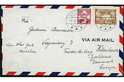 5 øre Chr. X og 1 kr. Isbjørn på luftpostbrev påskrevet “via New York - Lissabon” fra Umanak d. 25.6.1941 til København, Danmark. Åbnet af tysk censur i Frankfurt.