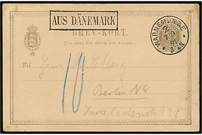3 øre helsagsbrevkort sendt underfrankeret med tysk stempel Warnemünde 2 d. 7.9.1891 og sidestemplet med skibsstempel “AUS DÄNEMARK” til Berlin, Tyskland. Udtakseret i “10” pfg. porto. Uden meddelelse.