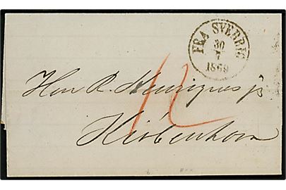 1869. Ufrankeret portobrev dateret i Helsingborg d. 29.7.1869 med antiqua FRA SVERRIG d. 30.7.1869 til Kjøbenhavn, Danmark. Udtakseret i “12” sk. porto. 