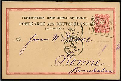 Tysk 10 pfg. helsagsbrevkort annulleret m. skibsstempel KORSØR-KIEL DPSK:POSTKT: No. 3 10.9.1888 via Kjøbenhavn til Rønne på Bornholm. 