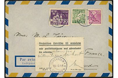 50 öre blandingsfrankeret luftpostbrev med julehilsen fra Vingåker d. 16.12.1944 til Marseille, Frankrig. Retur med meddelelse stemplet Stockholm d. 18.12.1944 vedr. postforbindelsen til modtagerlandet er afbrudt.