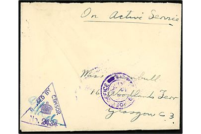 Ufrankeret feltpostbrev On Active Service med violet feltpoststempel FIELD POST OFFICE 219 d. 18.9.1941 (= Thorshavn, Færøerne) til Glasgow, Scotland. Blåligt censurstempel: Passed by censor No. 2134.