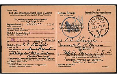 Amerikansk Modtagelsesbevis - C5 Form 2865 - for anbefalet brev fra Minneapolis d. 11.7.1941 udleveret ved Vesterbro Postkontor i København og stemplet København V. d. 8.8.1941 til Minneapolis, USA. Passér stemplet “Ab” ved den tyske censur i Berlin.