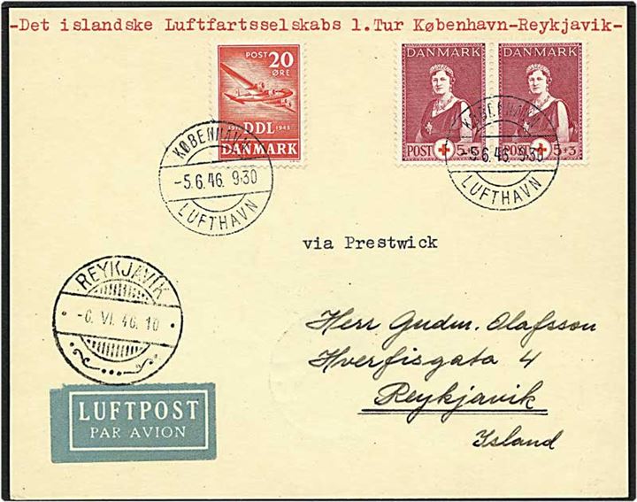30 øre porto på luftpost kort fra København d. 5.6.1946 via Prestwick til Reykjavik, Island.