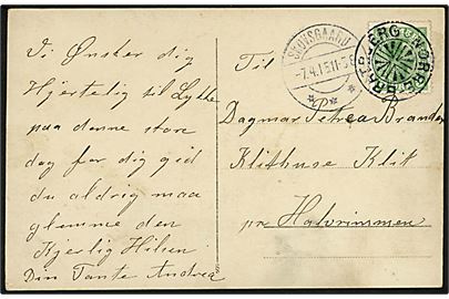5 øre Chr. X på brevkort annulleret med stjernestempel NØRRE-BRATBJERG og sidestemplet Skovsgaard d. 7.4.1915 til Halvrimmen. Stempel kun registreret anvendt  i 1915. Bx: 2400,-