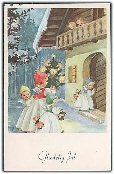 Glædelig Jul. Engle piger står ved døren. A/S Wiking & Landsbo no. 460/33.