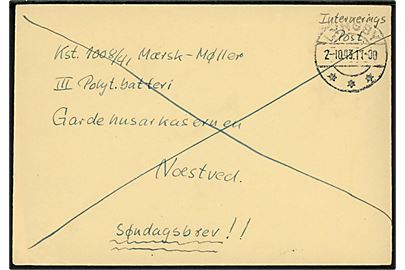 Ufrankeret søndagsbrev mærket “Interneret Post” fra Lyngby d. 2.10.1943 (= lørdag) til interneret kst. 1008/41 Mærsk-Møller ved III Polyt. batteri, Gardehusarkasernen i Næstved.