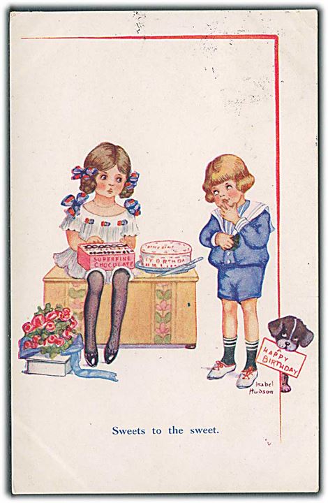 Isabel Hudson: Hund med skilt i munden: Happy Birthday. Sweets to the sweet. Paul Heckscher no. 351.