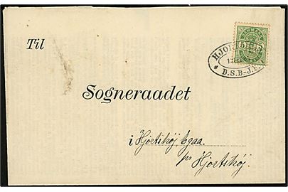 5 øre Våben på lokalbrev annulleret med ovalt jernbane-stempel HJORTSHØJ * D.S.B. - J.F. * d. 13.2.1905 til Sogneraadet for Hjortshøj, Egaa pr. Hjortshøj. 