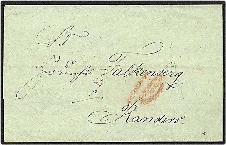 Lille ufrankeret brev fra Torslev til Randers. Påskrevet 10 skilling med rødkridt.