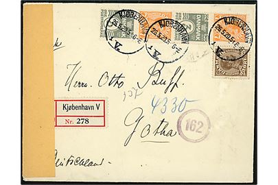 7 øre Chr. X og 3 øre Bølgelinie PERLEGRÅ i lodret automat-sammentrykt 4-stribe, samt 25 øre Chr. X, på anbefalet brev fra Kjøbenhavn d. 26.5.1920 til Gotha, Tyskland. Åbnet af tysk valutakontrol. 