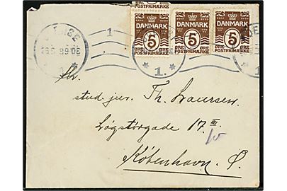 5 øre Bølgelinie (3) med skæve automatafskæringer på brev annulleret Odense *1.* d. 26.6.1928 til København. Et mærke med rift.
