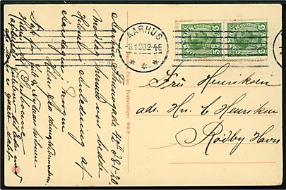 5 øre Chr. X i lodret parstykke med automatafskæring på brevkort fra Aarhus d. 8.1.1920 til Rødby Havn.