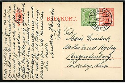 10+5 øre provisorisk helsagsbrevkort (fabr. 57-H) fra Felsted annulleret med bureaustempel Aabenraa - Graasten sn2 T.01 d. 17.8.1921 til Augustenborg.
