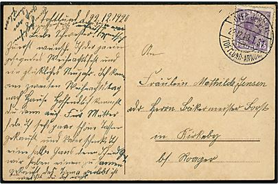 15 øre Chr. X på brevkort fra Toftlund annulleret med bureaustempel Over Jerstal - Toftlund - Arnum T.31 d. 22.12.1920 til Kirkeby pr. Roager. 