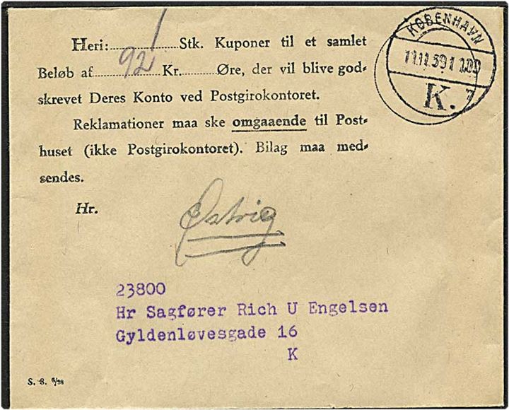 Lokalt brev fra postgirokontoret København d. 11.11.1959. Form S. 8 6/28.