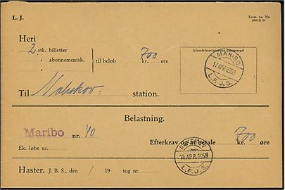 Jernbanesag (J.B.S.) med jernbane brotypestempel Maribo L.F.J.S. d. 17.4.1958 til Nakskov. Ank.stemplet Nakskov L.F.J.S. d. 18.4.1958. Forkortelse L.F.J.S. =  Lolland-Falsterske-Jernbaneselskab. 