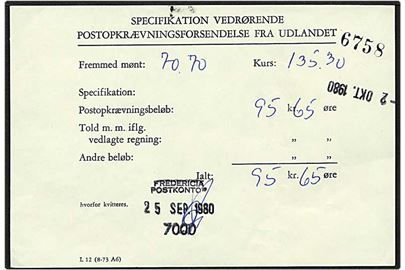 Specifikation vedrørende udenlandsk postopkrævning fra Fredericia d. 2.10.1980. Form L 12 (8-73 A6).