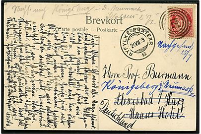 10 øre Posthorn på brevkort annulleret med 4-rings nr.stempel “127” (= Brevhus Hotel “Breifond” i Røldal) og sidestemplet med sejlende bureaustempel Ryfylke Postexp. B d. 24.7.1909 til Alexisbad, Tyskland - eftersendt til Königsberg.