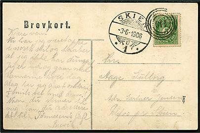 5 øre Posthorn på brevkort (Brevik, Grubbehaugen) annulleret med 4-rings nr.stempel “419” (= Jernbane bureau Brevik-Skien) sidestemplet Skien d. 3.6.1906 til Skien.