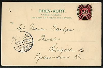 10 øre Posthorn på brevkort (Gausta i Telemarken) dateret Saudland d. 15.2.1904 og annulleret med 4-rings nr.stempel (= Brevhus Omnefossen) til København, Danmark.