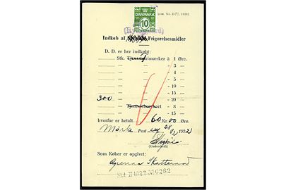 10 øre Bølgelinie annulleret med kontorstempel Mørke (Ryomgaard) anvendt som gebyrmærke på formular - F. Form. Nr. 2 (1/7 1920) - Postbevis for Indkøb af Tjeneste-Frigørelsesmidler benyttet til indkøb af 300 stk. almindelige 20 øre frimærker ved Mørke postekspedition d. 28.12.1922. Sjælden formular.