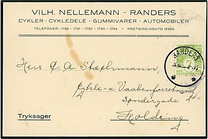 7 øre Bølgelinie med perfin “VN” på tryksagskort fra Vilh. Nellemann i Randers d. 18.6.1929 til Kolding.