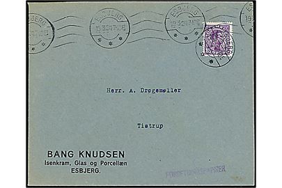 15 øre Chr. X med perfin “B.K.” på firmakuvert fra Bang Knudsen sendt som forretningspapirer fra Esbjerg d. 19.3.1924 til Tistrup.