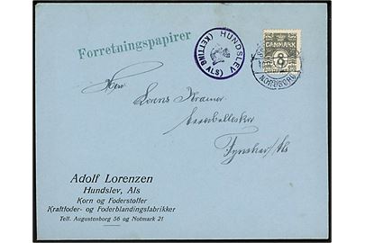 8 øre Bølgelinie på lokal forretningspapirer annulleret med uldent bureaustempel Sønderborg - Nordborg T.9 d. 10.11.1931 og sidestemplet med tydeligt posthornstempel HUNDSLEV (NORDBORG ALS) til Asserballeskov pr. Fynshav Als.