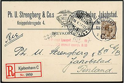 25 øre Chr. X single på anbefalet brevkort annulleret med brotype IIIb Kjøbenhavn C. sn2 d. 10.5.1917 via Helsingfors til Jakobstad, Finland. Russisk censur fra Helsingfors. 