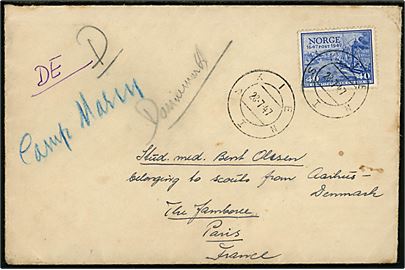 Norsk 40 øre Postjubilæum på brev annulleret med sejlende bureaustempel Skien I d. 28.7.1947 til dansk spejder fra Aarhus som deltager i 6. Verdens Jamboree i Paris, Frankrig. Påskrevet “Camp Marine”.