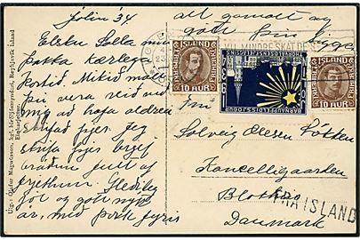 10 aur Chr. X (2) og Thorvaldsen Forening Julemærke 1934 på brevkort annulleret København d. 23.12.1934 og sidestemplet “Fra Island” til Blokhus, Danmark.