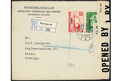 20 aur og 45 aur “1940” Verdensudstilling provisorium på anbefalet brev fra Reykjavik d. 3.9.1940 til Ystad, Sverige. Åbnet af britisk censur PC90/4455.