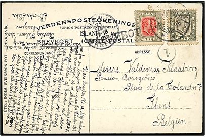 4 aur og 6 aur To Konger på brevkort (Eskifjördur) fra sømand annulleret Reykjavik d. 12.5.1908 og med britisk skibsstempel PAQUEBOT til Gent, Belgien. Teksten omtaler forsøg på at trække det grundstødte DFDS skib S/S “Holar” af grunden i Hornefjord.