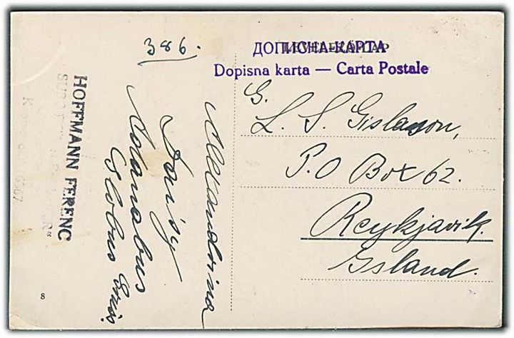 50 pa. Alexander på billedside af brevkort fra Subotica d. 1.3.1922 til Reykjavik, Island. God destination.