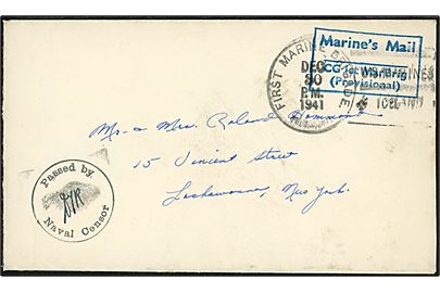 Ufrankeret “Blue-Box”-brev stempel “Marine’s Mail CG 1st Mar Brig (Provisional)” og First Marine Brigade (Provisional) / “U. S. Marines Iceland” d. 30.12.1941 til New York, USA. Sort flådecensur “Passed by Naval Censor”. Meget sent “Blue-Box”-brev som opstod pga. frimærkemangel på Island i efteråret 1941.