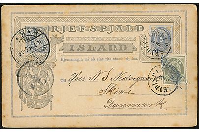 5 aur helsagkort opfrankeret med 3 aur annulleret antiqua Seydisfjördur d. 3.6.1895 via Kjøbenhavn d. 12.7.1895 til Skive, Danmark. Britisk skibsstempel PAQUEBOT.